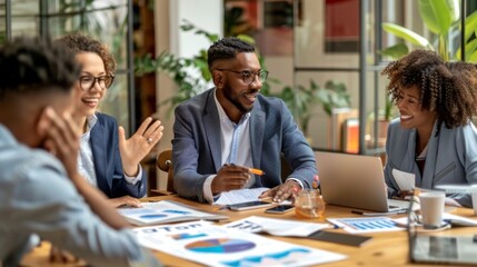 Poster - A group of business professionals discussing financial graphs and charts in a meeting, brainstorming strategies for growth