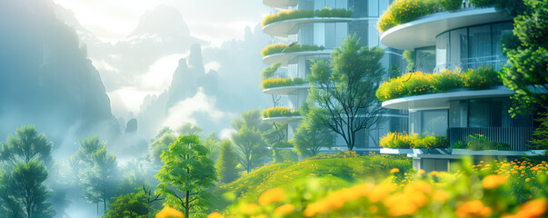 Canvas Print - Futuristic apartment houses standing in natural park in mountains. Sustainable lifestyle concept.