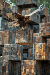 Wall Mural - Scene of wooden cubes casting shadows that create the image of a soaring eagle with outstretched wings,