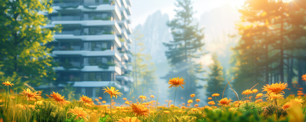 Futuristic apartment houses standing in natural park in mountains. Sustainable lifestyle concept.