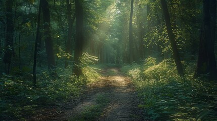  A sun-dappled path winds through a dense forest, the leaves filtering sunlight and creating a tranquil symphony of greens for your nature walk