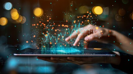 Aufkleber - A hand holding a tablet displaying a line graph with trend lines and data points, analyzing patterns and forecasting future trends.