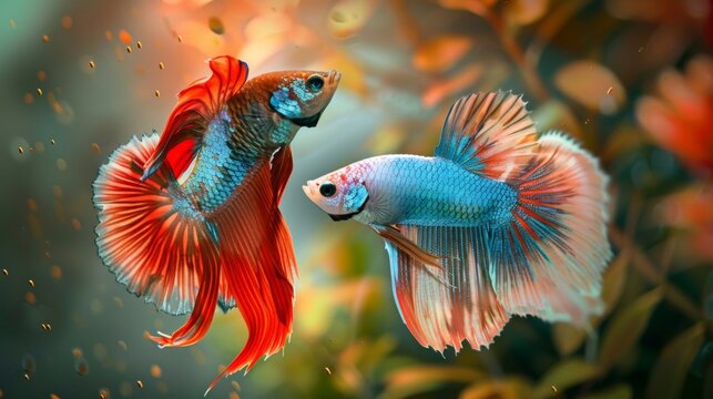 A pair of betta fish engaged in a courtship dance, with the male displaying vibrant colors and intricate fin movements to impress the female.