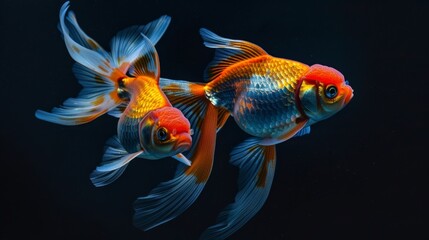 Wall Mural - A pair of goldfish swimming together in perfect harmony, their graceful movements and vibrant colors creating a mesmerizing sight.