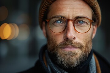 Close-up of a stylish man wearing glasses and a beanie, a hint of winter warmth