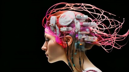 Aufkleber - A woman's head is shown with a lot of wires and circuits. Concept of technology and artificial intelligence