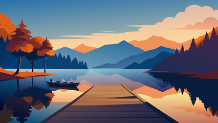 Poster - Serene Lake Sunset with Mountains and Boat