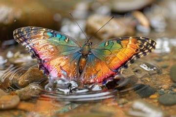 Wall Mural - a colorful butterfly is floating on a body of water