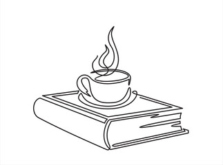 Wall Mural - Continuous line drawing of book and coffee, vector illustration, one line