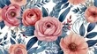 © Free - repeating pattern of pink and coral roses with blue and green leaves on a white background.
