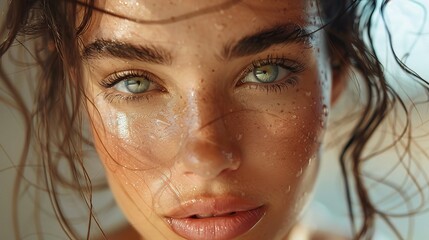 Poster - beautiful woman with dewy, healthy skin, framed by soft natural light