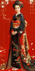 Wall Mural - A woman in a kimono with red and white flowers and a red background