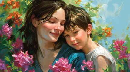 A painting of a woman and a child hugging each other in a garden. The painting is full of bright colors and depicts a warm and loving moment between the two