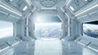 © zipop - futuristic white space station interior with window view on space and planets 3d rendering