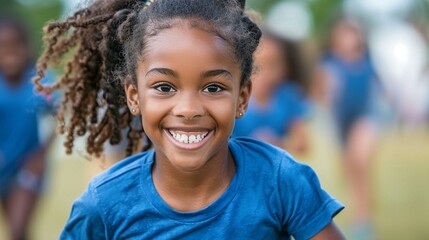 portrait of happy young black girl wearing a blue t-shirt smiling at the camera, running in a school field day event with other kids in a blurred background