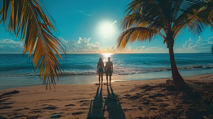 couple in the morning on the beach by the sea