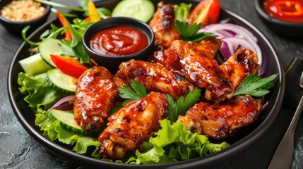 Wall Mural - Chicken wings coated in sauce served with fresh vegetables