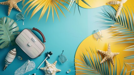 Wall Mural - A vibrant summer vacation scene with a yellow suitcase, hats, starfish, and a toy airplane on a beach. Palm leaves and an airplane in the sky add to the tropical feel.