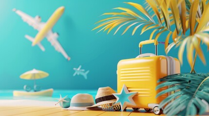 Wall Mural - A vibrant summer vacation scene with a yellow suitcase, hats, starfish, and a toy airplane on a beach. Palm leaves and an airplane in the sky add to the tropical feel.