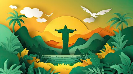 Christ the Redeemer, paper-cut style, infographic layout, tropical colors, flat design with Rio de Janeiro elements