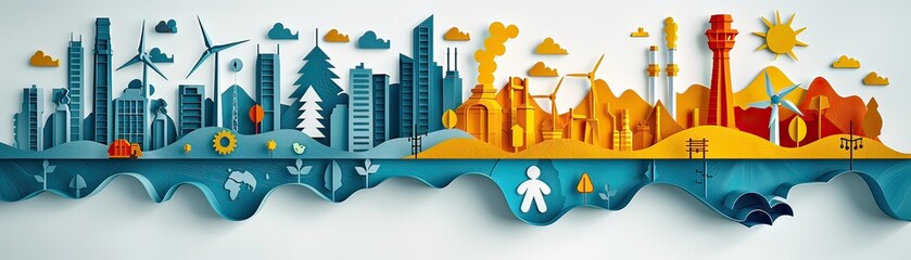 Wall Mural - Renewable energy vs crude oil, paper-cut style, infographic layout, contrasting colors, flat design with renewable and fossil fuel icons