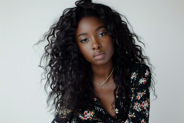 Wall Mural - young Black woman with long, curly hair, sitting gracefully, wearing a black floral dress with minimal accessories, white background