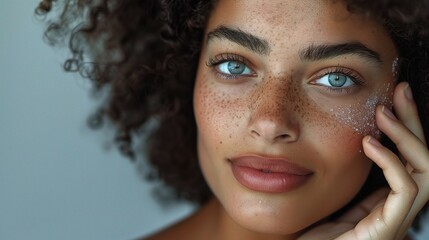 Poster - close-up of a woman applying a face skin scrub with a satisfied expression,