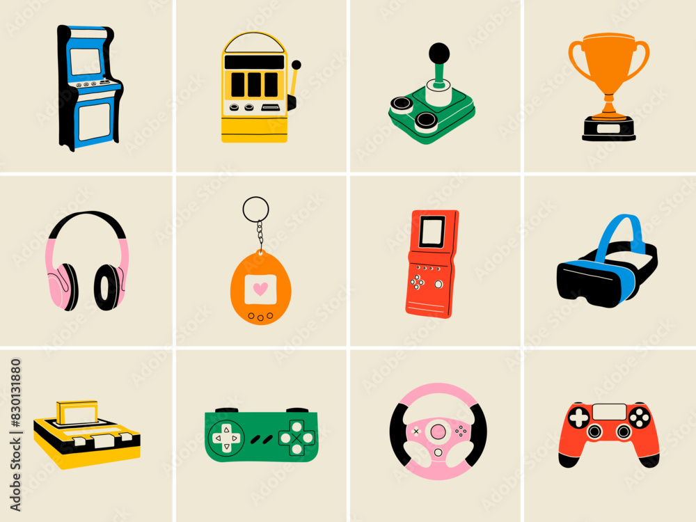 Gaming modern and retro elements in flat line style. Hand drawn vector ...