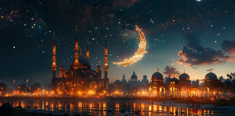 Crescent moon and illuminated mosque at night under a starry sky for Eid al-Adha celebration.