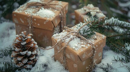 Poster - Holiday ornaments Presents and pine cones adorned with snow