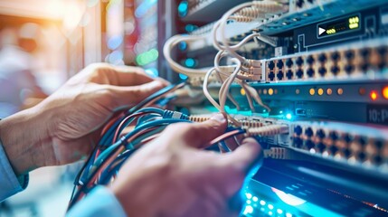 IT team connecting network cables, focus on, detailed teamwork, dynamic, Multilayer, sleek office environment backdrop