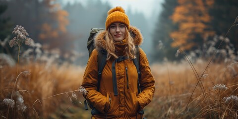 Wall Mural - woman happy travel hiking on nature trail in autumntime 