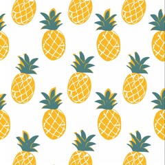 Wall Mural - Cute Pastel Colour Pineapple Pattern White Background l Yellow Juicy Fruit Design Wallpaper l Fresh and Sweet Ananas Dessert Summer Print l Tropical Image Illustration