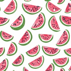 Wall Mural - Cute Pastel Colour Watermelon Pattern White Background l Juicy Red Sliced Fruit Design Wallpaper l Fresh and Sweet Ananas Dessert Summer Print l Tropical Image Illustration