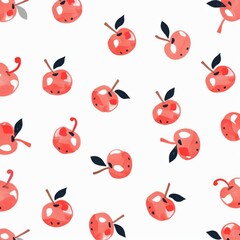 Wall Mural - Cute Pastel Colour Apple Pattern White Background l Juicy Red Fruit Design Wallpaper l Fresh and Sweet Ananas Dessert Summer Print l Tropical Image Illustration