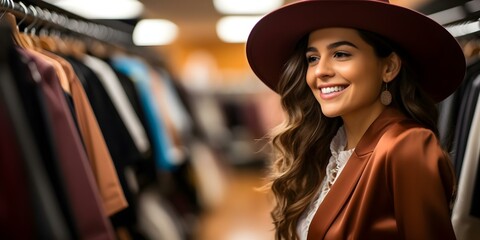 Wall Mural - Stylish young woman in a hat shopping for clothes in store. Concept Fashion Shopping, Stylish Outfits, Young Woman, Clothing Store, Hat