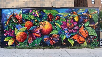 An artist creates a vibrant mural that celebrates the role of insects in sustainable eating on an urban street wall