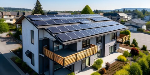 Wall Mural - Aerial view of homes with solar panels showcasing renewable energy technology. Concept Renewable Energy, Solar Panels, Aerial Photography, Sustainable Living, Eco-Friendly Homes