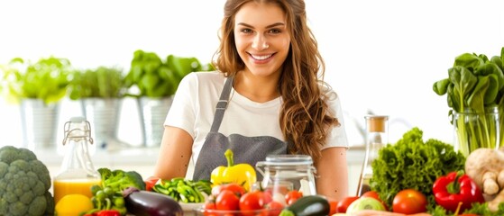 Wall Mural - Smiling woman in the kitchen surrounded by fresh vegetables like tomatoes, peppers, lettuce, and more, ready for healthy cooking.