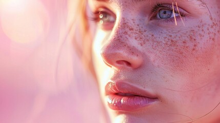 Sticker - close-up of glowing beauty face skin with a soft focus effect, with a pastel pink backdrop