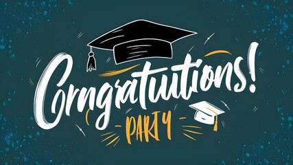 Congratulations! greeting sign for graduation party in university, school, academy. Handwritten brush lettering with academic cap. Vector design for congratulation ceremony, invitation card, banner