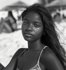 Poster - a black teenage girl in a black and white photo on the beach, wearing a one piece sportswear with long hair, looking at the camera in a close up shot, with focus and depth of field