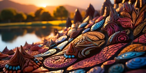 Wall Mural - Creation of Dreamtime: Colorful Serpent Sculpture with Mountains, Rivers, Trees, and People in Australian Aboriginal Story. Concept Dreamtime Stories, Australian Aboriginal Culture