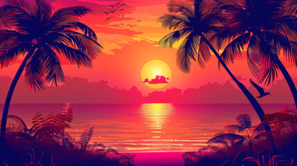 Wall Mural - Sunset with the palms