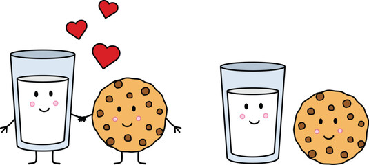 Wall Mural - Cute Cartoon Kawaii Milk and Cookie Clipart Holding Hands with Hearts