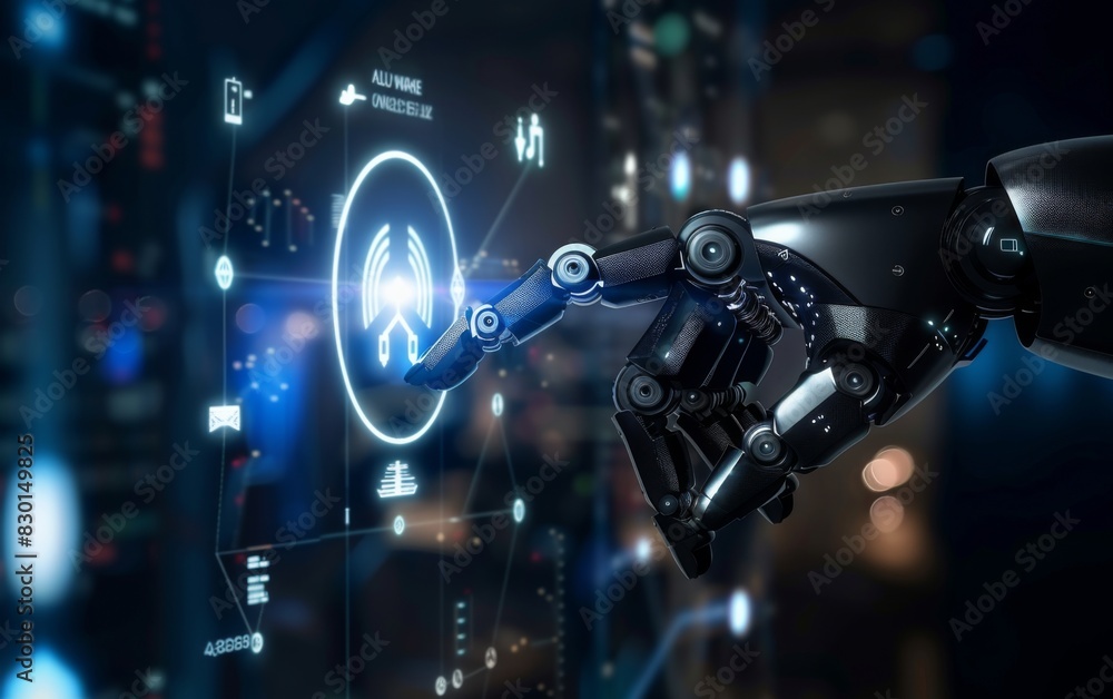 Robot hand pressing virtual button depicted in 3D render representing ...