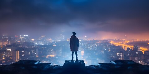 Wall Mural - Gazing at a foggy neon-lit futuristic cityscape from a rooftop at night. Concept Neon Lights, Futuristic Cityscape, Nighttime Photography, Rooftop Views, Urban Exploration