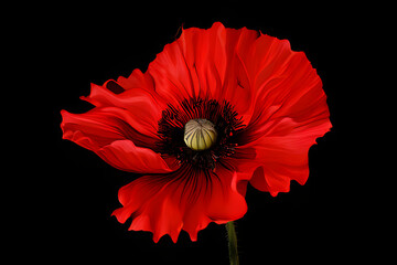 Poster - two red poppies with green leaves on a black background.  Vibrant Red Poppies in Full Bloom (or A Burst of Summer: Red Poppies on black)