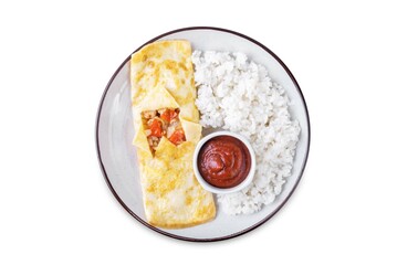 Wall Mural - Spicy ground pork stuffed omelette, kai yat sat, with ketchup sauce and rice on a white isolated background