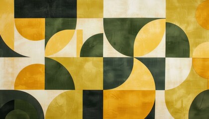 Wall Mural - Abstract Geometric Art with Overlapping Shapes in Green and Yellow for Modern Interior Design